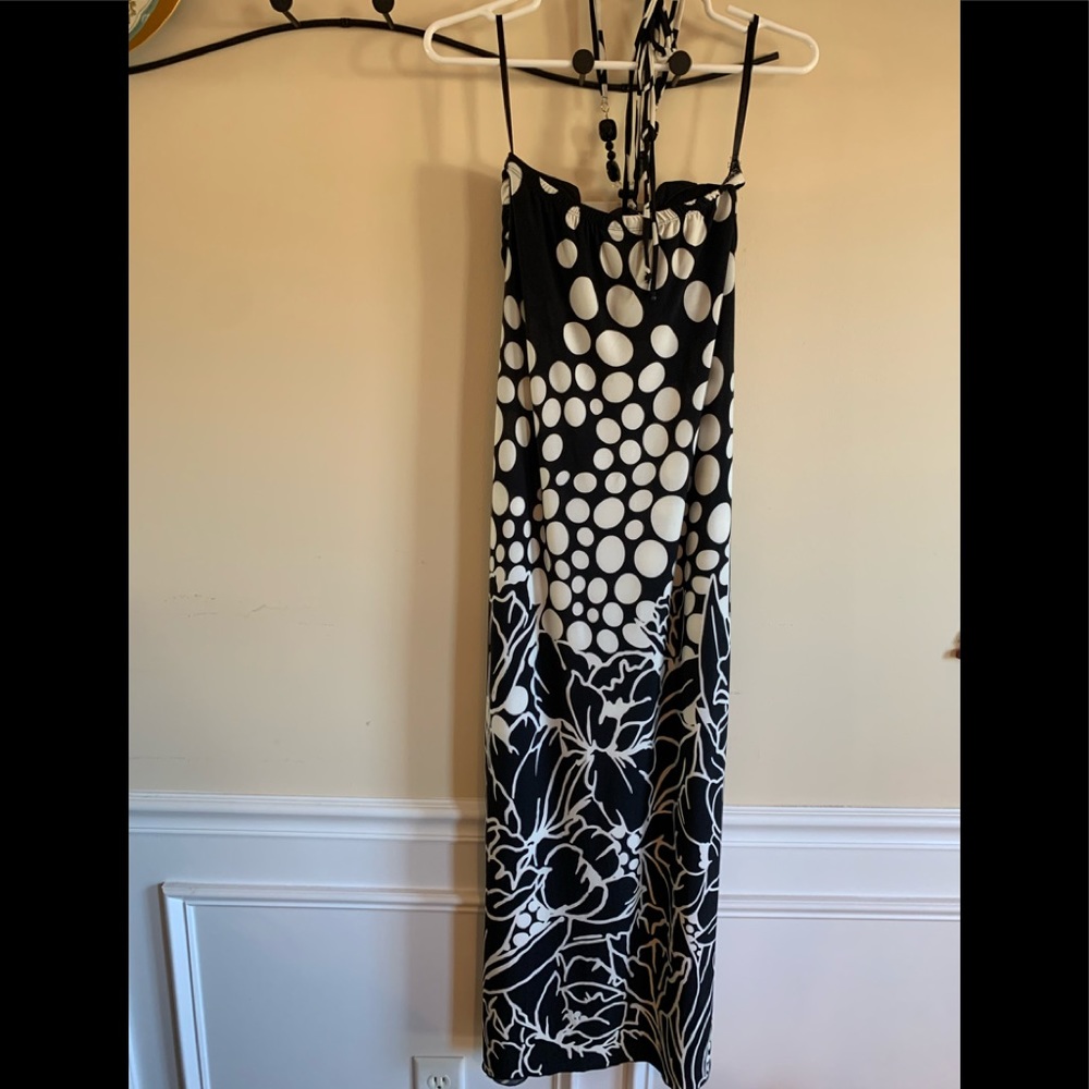Maxi black/white dress with beaded neck tie